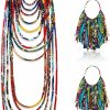 Bonuci 2 Pcs African Style Ankara Fabric Necklace African Fabric Tassel Earrings Set Long Multi Strand African Ankara Kente Necklace Handmade Ankara Fringe Hoop Earrings For Women African Jewelry Costume Jewelry Sets