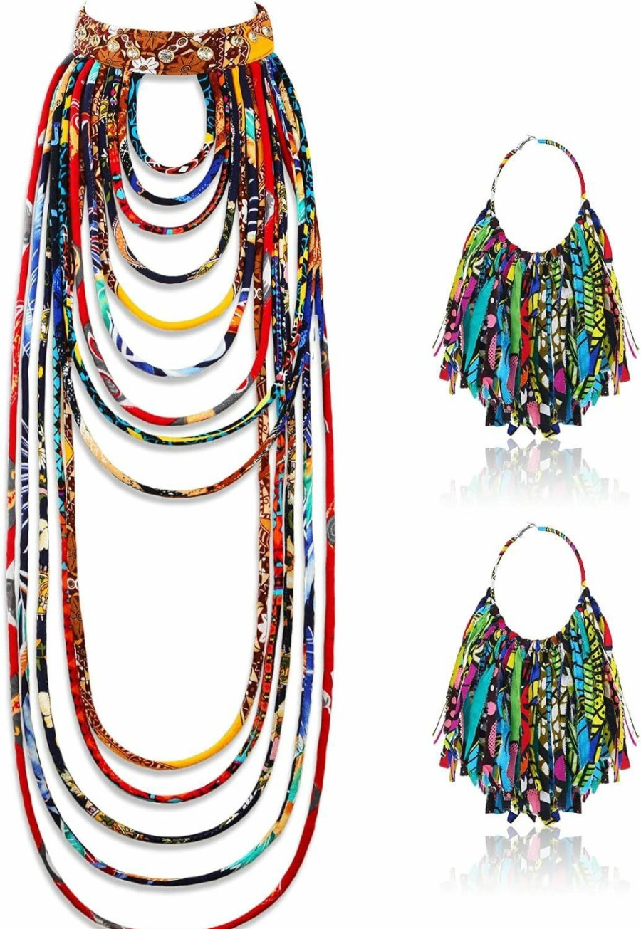 Bonuci 2 Pcs African Style Ankara Fabric Necklace African Fabric Tassel Earrings Set Long Multi Strand African Ankara Kente Necklace Handmade Ankara Fringe Hoop Earrings For Women African Jewelry Costume Jewelry Sets