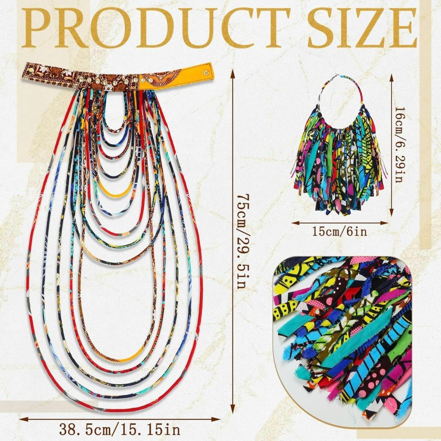 Bonuci 2 Pcs African Style Ankara Fabric Necklace African Fabric Tassel Earrings Set Long Multi Strand African Ankara Kente Necklace Handmade Ankara Fringe Hoop Earrings For Women African Jewelry Costume Jewelry Sets