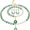 Landical Landical 3 Pcs Jade Pearl Jewelry Set Jade Pearl Bracelet Necklace Jade Earrings Stone Bracelet Necklace Jade Stud Earrings For Women Jewelry Sets