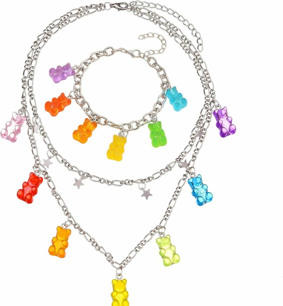 DYRCJ Dyrcj 7 Colors Cute Gummy Bear Necklace Colorful Resin Bear Pendant Necklace For Women Girls, One Size Jewelry Sets