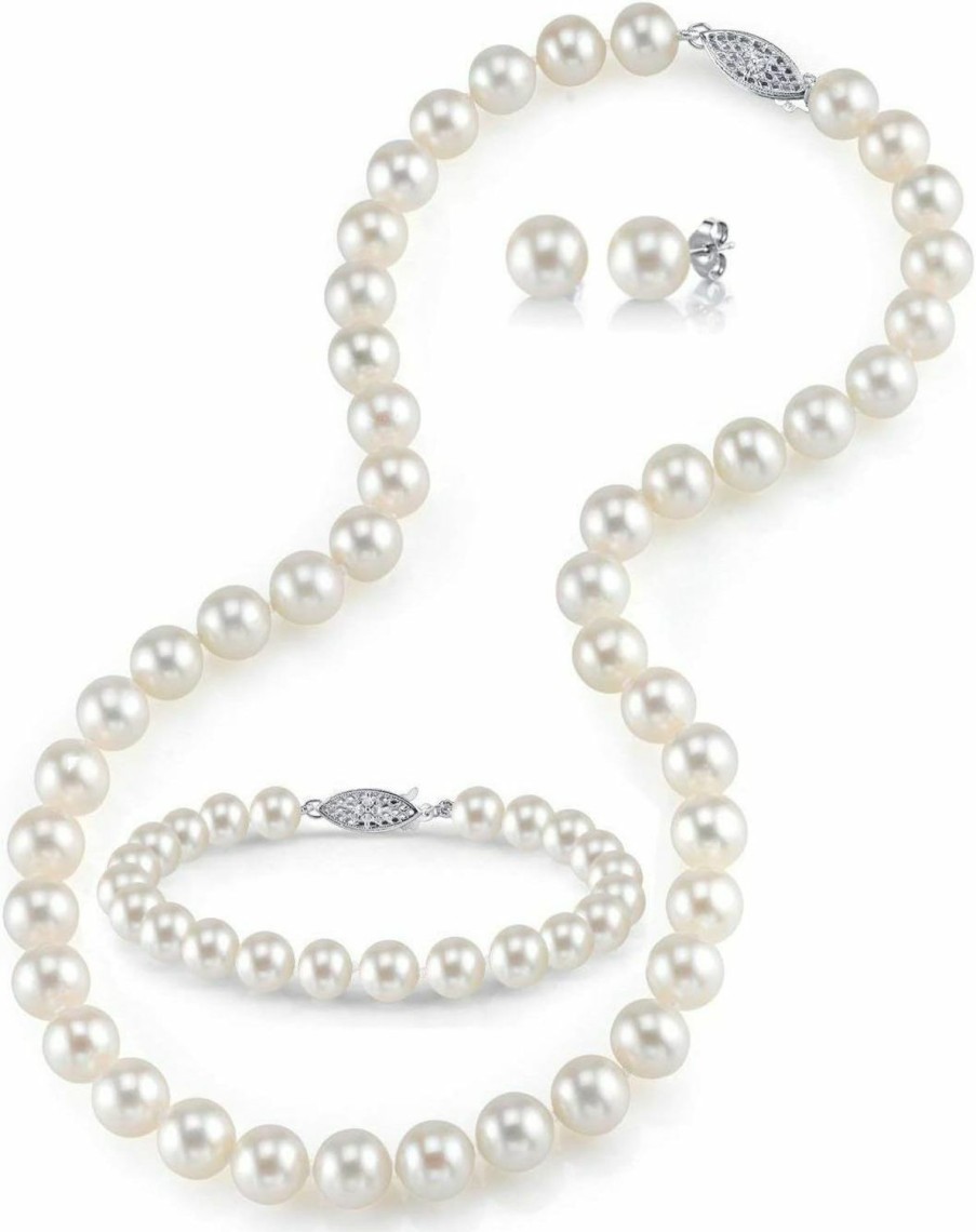 The Pearl Source The Pearl Source Sterling Silver Pearl Jewelry Set For Women - Freshwater Pearl Necklace And Earring Set With Pearl Bracelet | Genuine Cultured Pearls, 6.5-10.0Mm Jewelry Sets