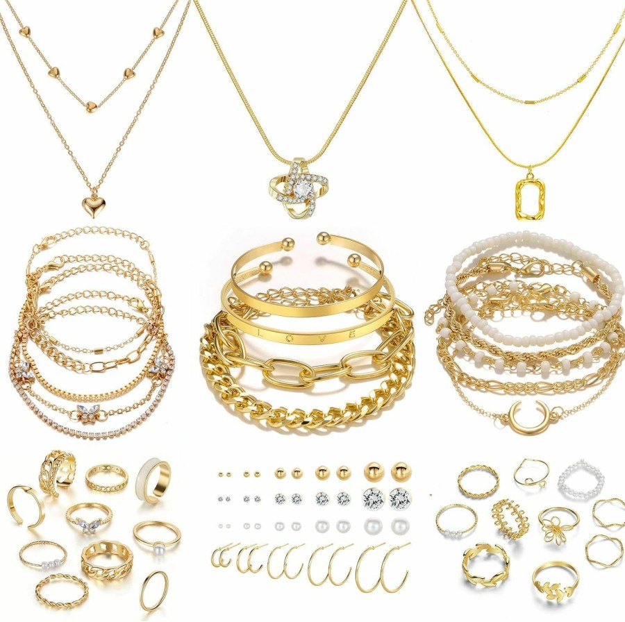 IFKM Ifkm 36 Pcs Gold Plated Jewelry Set With 4 Pcs Necklace, 11 Pcs Bracelet, 7 Pcs Ear Cuffs Earring, 14 Pcs Knuckle Rings For Women Girls Valentine Anniversary Birthday Friendship Gift Jewelry Sets