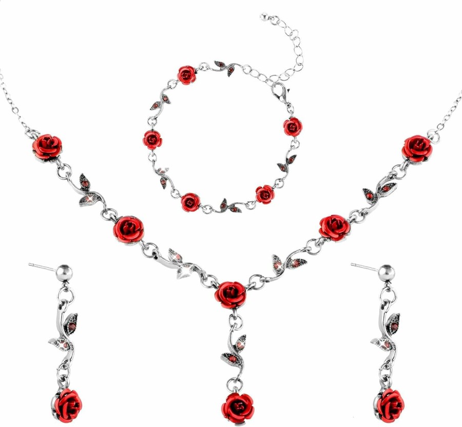 DIVINA VITAE 3Pcs Set Red Rose Jewelry - Rose Flower Pendant Necklace, Bracelet Dangle Earrings. Jewelry Sets For Women And Girls Wedding Prom Rose Necklace Valentine'S Day Red Jewelry Birthday Party Red Jewelry Sets