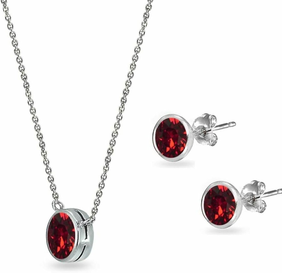 B. BRILLIANT B. Brilliant Sterling Silver 5Mm Round Bezel Solitaire Small Choker Necklace & Stud Earrings Set Made W/European Crystals Jewelry Sets