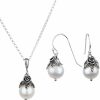 PZ Paz Creations Pearl Jewelry Set - 925 Sterling Silver Pendant Necklace And Dangle Earrings - Elegant Floral Cap Design And White Ball-Shaped Pearl - Handcrafed In Israel Gift For Her Jewelry Sets