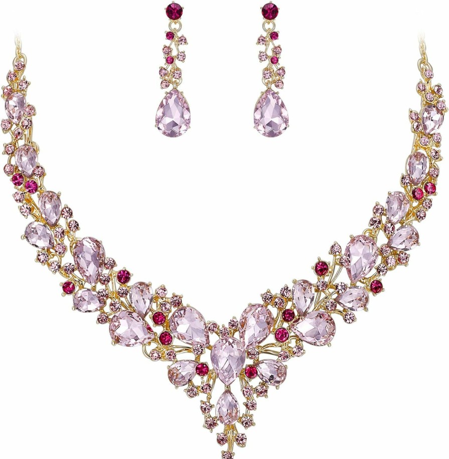 BriLove Brilove Women'S Wedding Bridal Austrian Crystal Teardrop Cluster Statement Necklace Dangle Earrings Jewelry Set Jewelry Sets