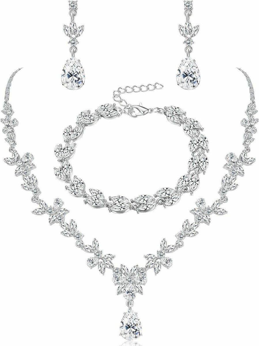 SAILIMUE Sailimue Crystal Bridal Jewelry Set For Women Rhinestone Necklace Dangle Earrings Bracelet Jewelry Set For Wedding Bride Bridesmaid Gifts Party Prom Jewelry Set Jewelry Sets