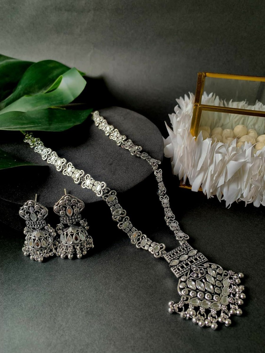 I Jewels I Jewels Silver Oxidized Indian Wedding Bollywood Long Necklace Jewellery Set With Earring For Women/Girls Jewelry Sets