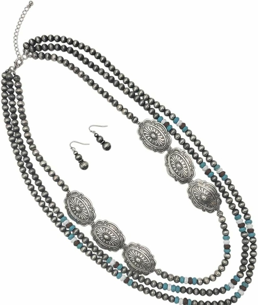 Rosemarie & Jubalee Rosemarie & Jubalee Women'S Chic Silver Tone Conchos On Extra Long Multi Strand Western Style Metallic Pearls With Howlite Beads Necklace Earrings Set, 30\"+3\" Extender Jewelry Sets