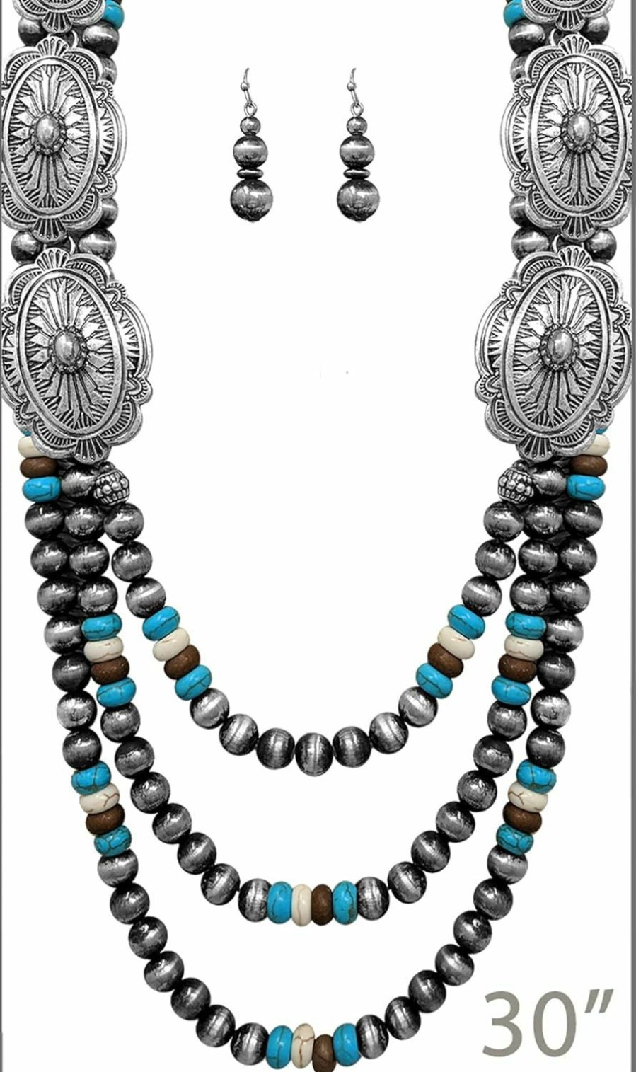 Rosemarie & Jubalee Rosemarie & Jubalee Women'S Chic Silver Tone Conchos On Extra Long Multi Strand Western Style Metallic Pearls With Howlite Beads Necklace Earrings Set, 30\"+3\" Extender Jewelry Sets