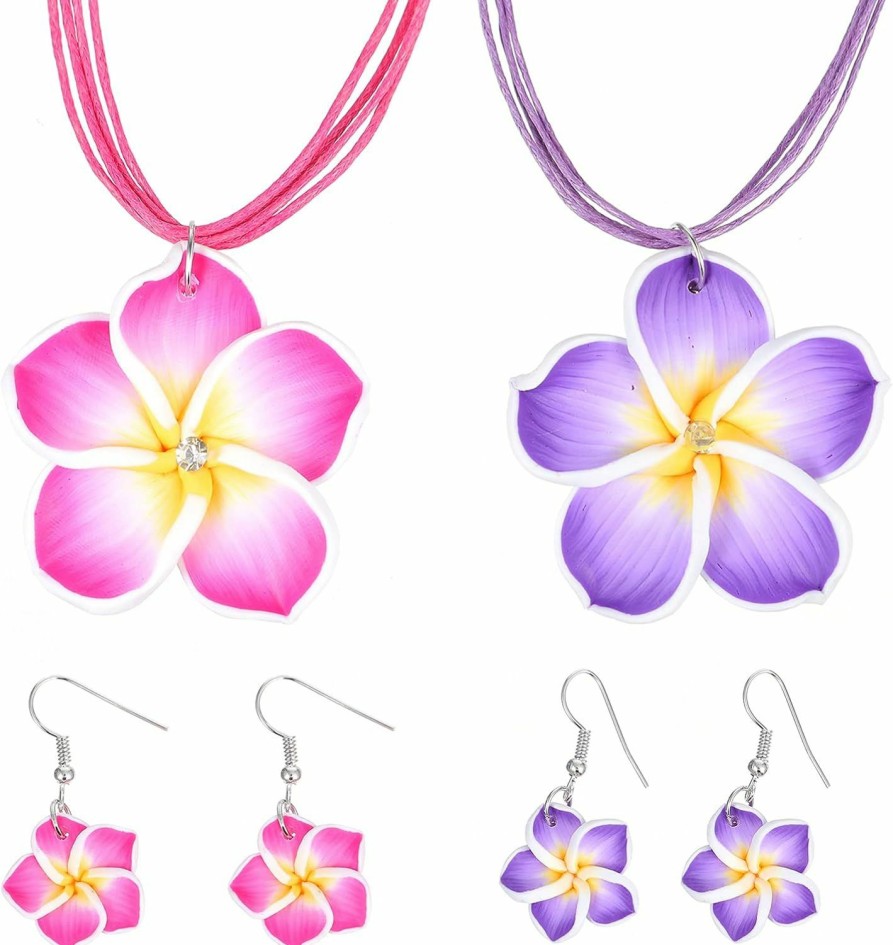 PRETYZOOM Pretyzoom Hawaiian Leis 2 Sets Hawaii Theme Jewelry Set Simulation Clay Plumeria Flower Pendant Necklace Earrings Set Summer Beach Party Costume Accessory For Women Girls Hawaiian Accessories Jewelry Sets