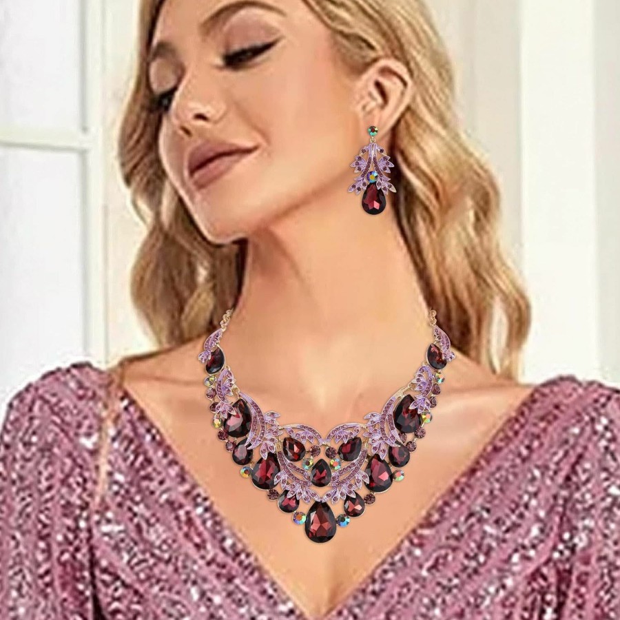 BriLove Brilove Women'S Bohemian Boho Crystal Teardrop Filigree Leaf Hollow Statement Necklace Dangle Earrings Set Jewelry Sets