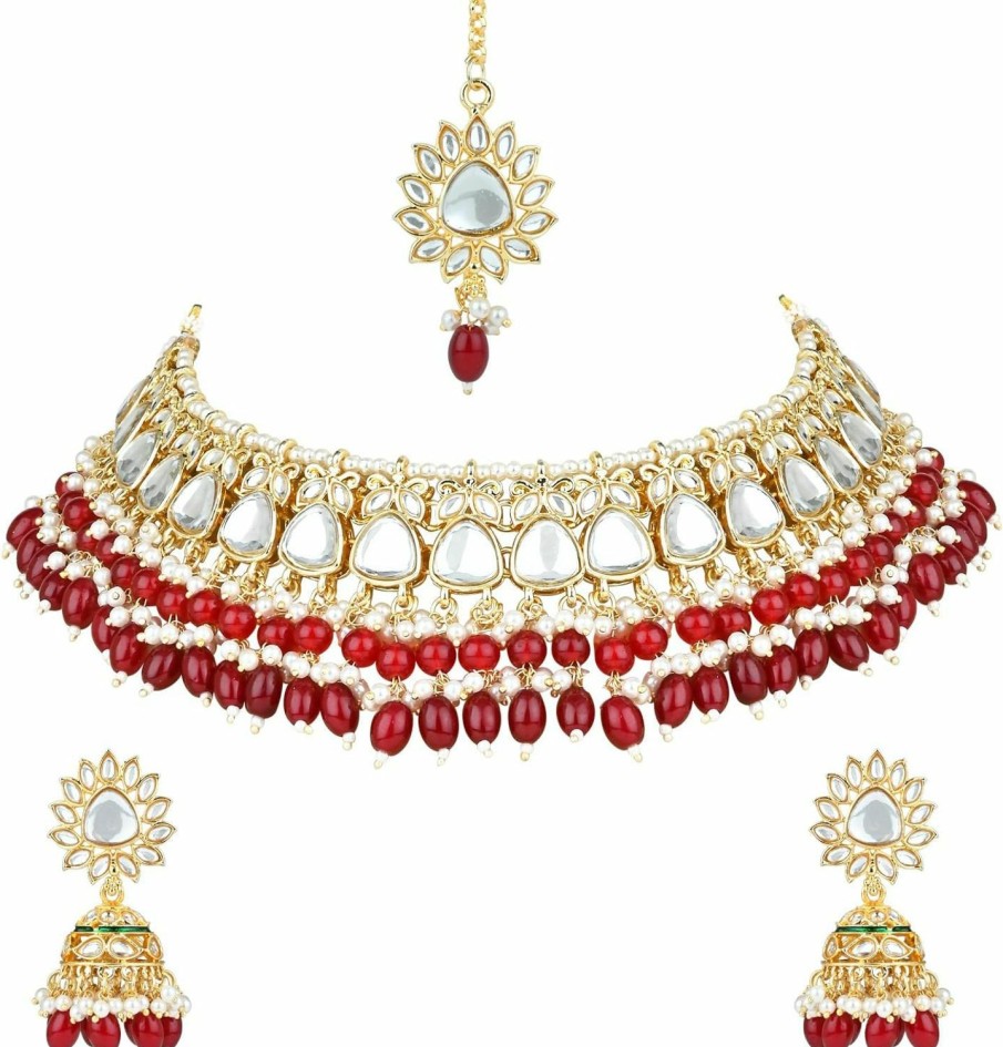 I Jewels I Jewels Gold Plated Indian Wedding Bollywood Kundan Pearl Meenakari Choker Necklace Jewellery With Dangle Earrings Set For Women/Girls Jewelry Sets