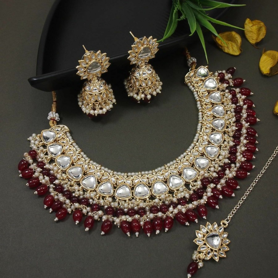 I Jewels I Jewels Gold Plated Indian Wedding Bollywood Kundan Pearl Meenakari Choker Necklace Jewellery With Dangle Earrings Set For Women/Girls Jewelry Sets