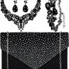 Epakh Glitter Rhinestone Purse And Handbag Crossbody Envelope Evening Clutch And Crystal Necklace Earrings Bracelet Costume Jewelry Sets For Women Bridal Wedding Party Jewelry Sets