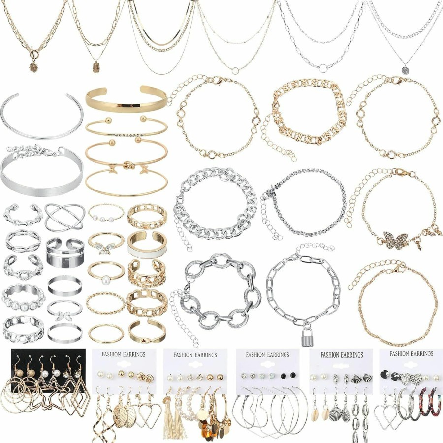 Henoyso Henoyso 78 Pcs Jewelry Sets For Women With 6 Pcs Necklace 16 Pcs Aesthetic Bracelet 36 Pairs Dangle Earrings 20 Pcs Knuckle Rings Valentine Anniversary Birthday Party Gift Jewelry Sets