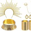 Junkin 5 Pcs African Vintage Gold Flamboyant Jewelry Set Egypt Choker Bracelet African Nose Rings Hoop Chain Earrings Crown Headpiece Sunburst Spiked Headband For Women Costume Accessories Theme Party Jewelry Sets