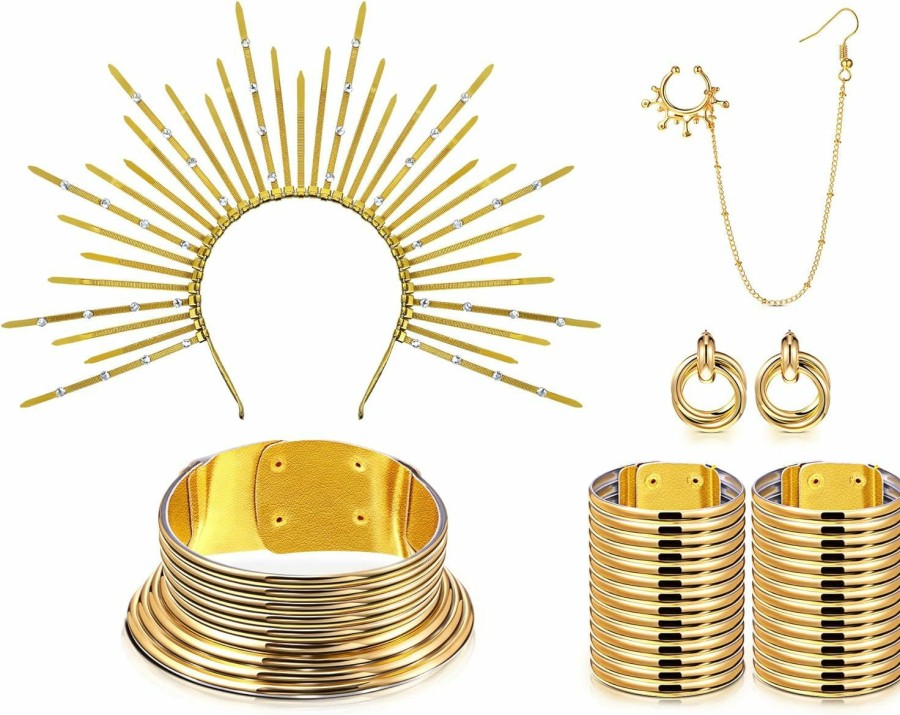 Junkin 5 Pcs African Vintage Gold Flamboyant Jewelry Set Egypt Choker Bracelet African Nose Rings Hoop Chain Earrings Crown Headpiece Sunburst Spiked Headband For Women Costume Accessories Theme Party Jewelry Sets