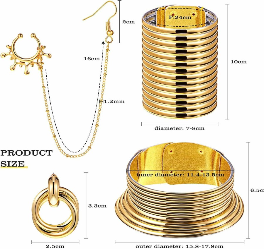 Junkin 5 Pcs African Vintage Gold Flamboyant Jewelry Set Egypt Choker Bracelet African Nose Rings Hoop Chain Earrings Crown Headpiece Sunburst Spiked Headband For Women Costume Accessories Theme Party Jewelry Sets