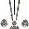 Jewel India Jewel India Indian Silver Oxidized Ethnic Fashion Handmade Statement Tibetan Kutchi Afghani Tribal Tassel Oxidized Long Ghungroo Necklace Earrings Set Jewelry Sets