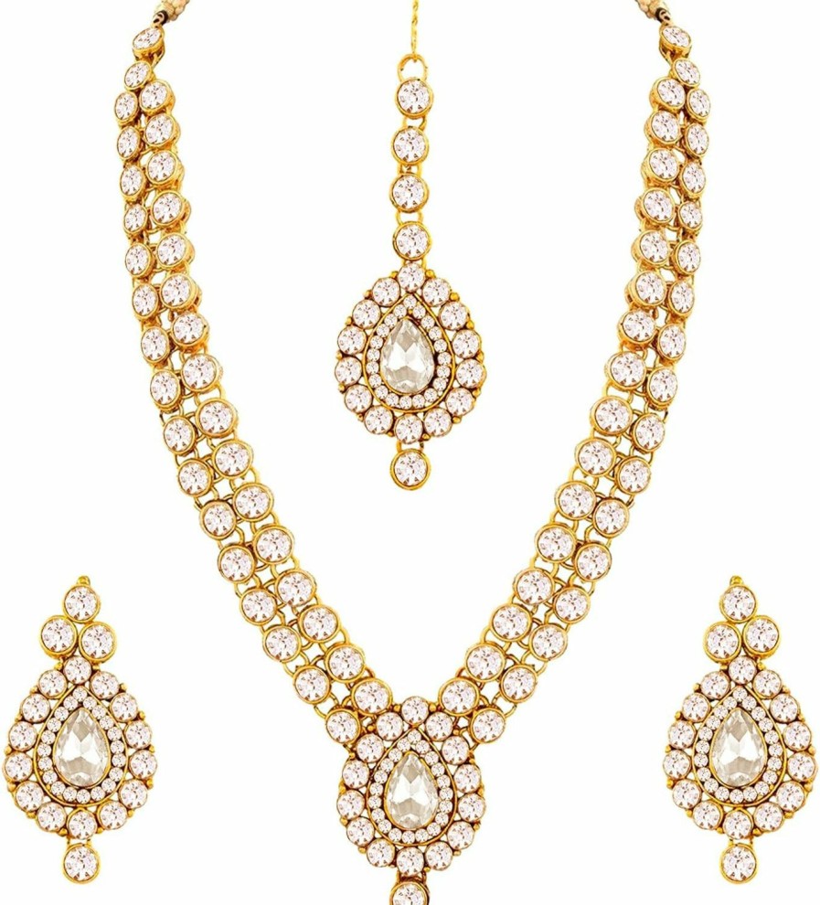 Aheli Aheli Indian Wedding Wear Faux Stone Necklace With Maang Tikka Set Elegant Ethnic Jewelry For Women Jewelry Sets