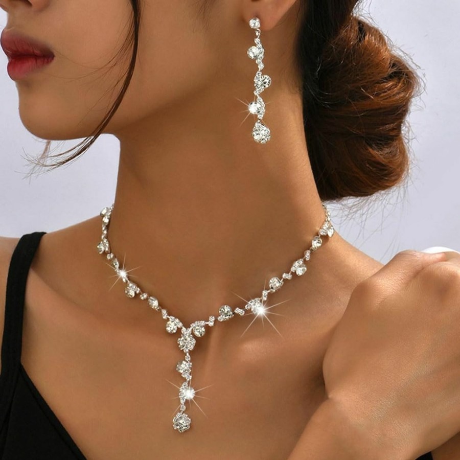 Sixexey Sixexey Rhinestone Jewelry Set Silver Prom Jewelry Set Sparkly Wedding Bridal Necklaces Earrings Jewelry Accessories For Women Jewelry Sets