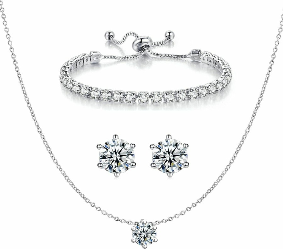 PORYIMEE Poryimee Cz Diamond Classic Pendant Necklace, Tennis Bracelet, Stud Earrings Jewelry Set For Women Bride Bridesmaids Bridal Wedding Party Prom, Cubic Zirconia Crystals Jewelry Set Gifts Jewelry Sets