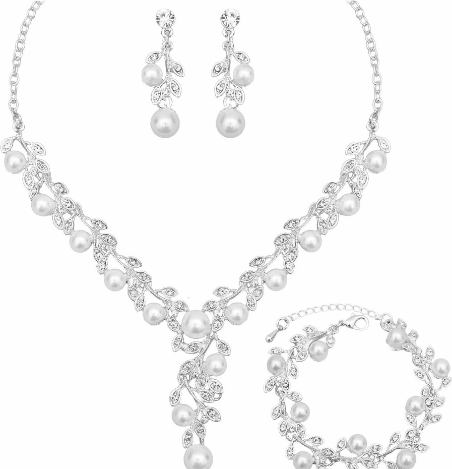 CSY Csy Elegant Bridal Necklace Earrings Bracelets Leaves Shape Wedding Prom Dress Accessories Rhinestones Jewelry Sets For Bride Bridesmaid Jewelry Sets