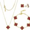 HighSpark Highspark Clover Necklace Pendant Earring Bracelet Set | Clover Necklaces For Women With Pendant Earring Bracelet Make A Jewelry Set | Lovely Gift - Red Jewelry Sets