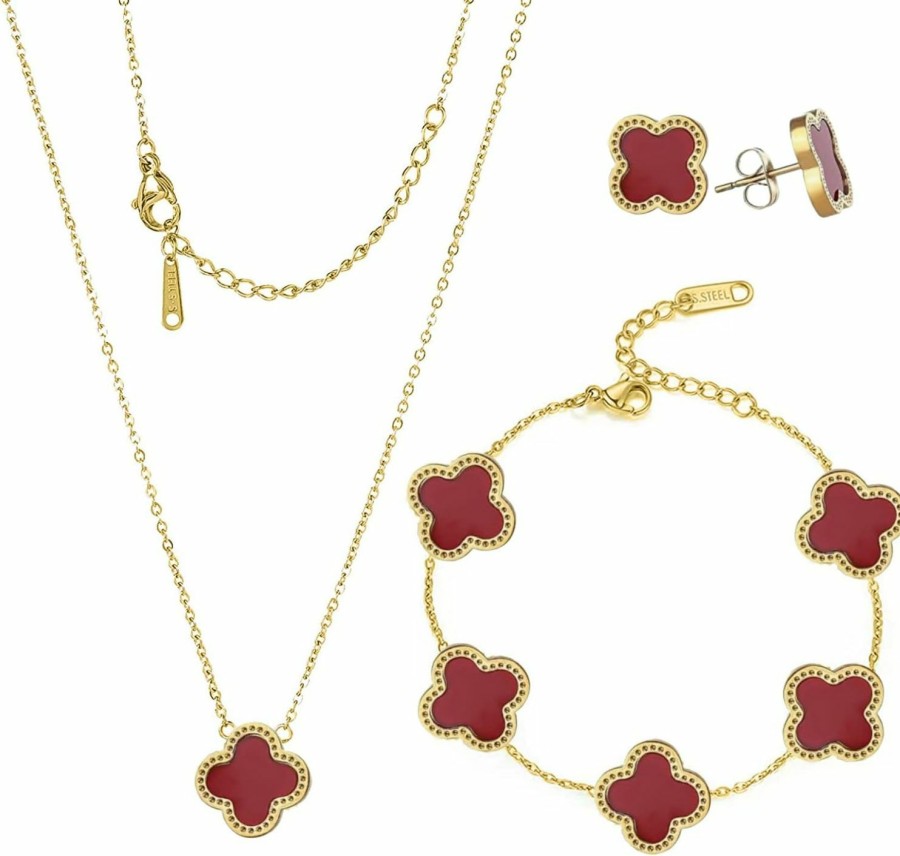 HighSpark Highspark Clover Necklace Pendant Earring Bracelet Set | Clover Necklaces For Women With Pendant Earring Bracelet Make A Jewelry Set | Lovely Gift - Red Jewelry Sets