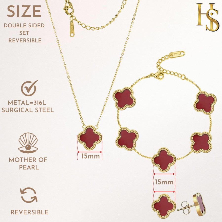 HighSpark Highspark Clover Necklace Pendant Earring Bracelet Set | Clover Necklaces For Women With Pendant Earring Bracelet Make A Jewelry Set | Lovely Gift - Red Jewelry Sets