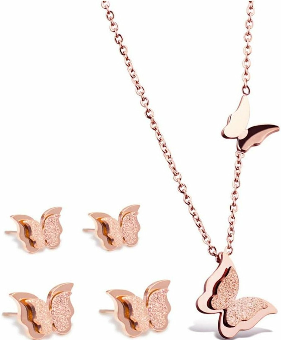 WDSHOW Wdshow 18K Rose Gold Butterfly Stud Earrings Necklace Set For Women Jewelry Sets