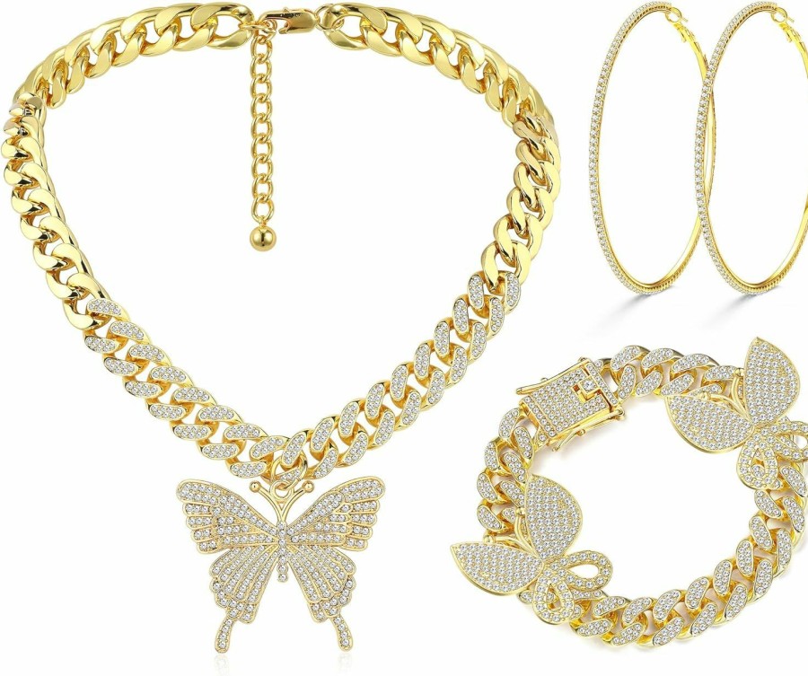 YADOCA Yadoca Butterfly Jewelry Set Thick Diamond Iced Out Miami Cuban Link Chain Necklace Bracelet Rhinestone Big Hoop Earrings Bling Butterfly Hip Hop Costume Jewelry Accessories For Women Silver Gold Tone Jewelry Sets