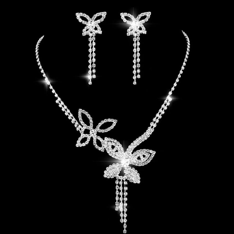 Unicra Unicra Silver Bride Wedding Jewelry Sets Butterfly Rhinestone Bridal Necklace Earrings Set Prom Costume Choker Necklaces For Women And Girls Jewelry Sets