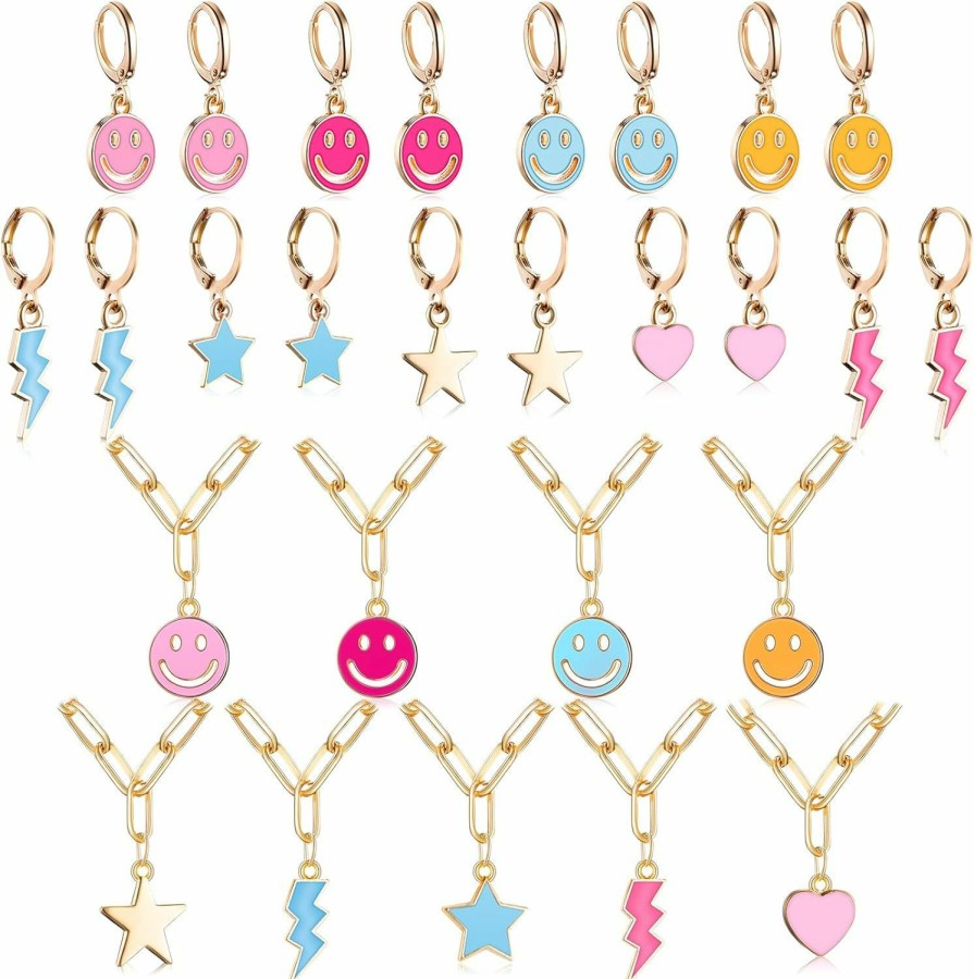 Landical Landical 18 Pcs Preppy Earrings With Pendant Necklace 9 Pairs Heart Star Earrings For Teens With 9 Face Lightning Preppy Necklaces For Y2K Jewelry Gifts For Teen Girls Women Supplies Jewelry Sets