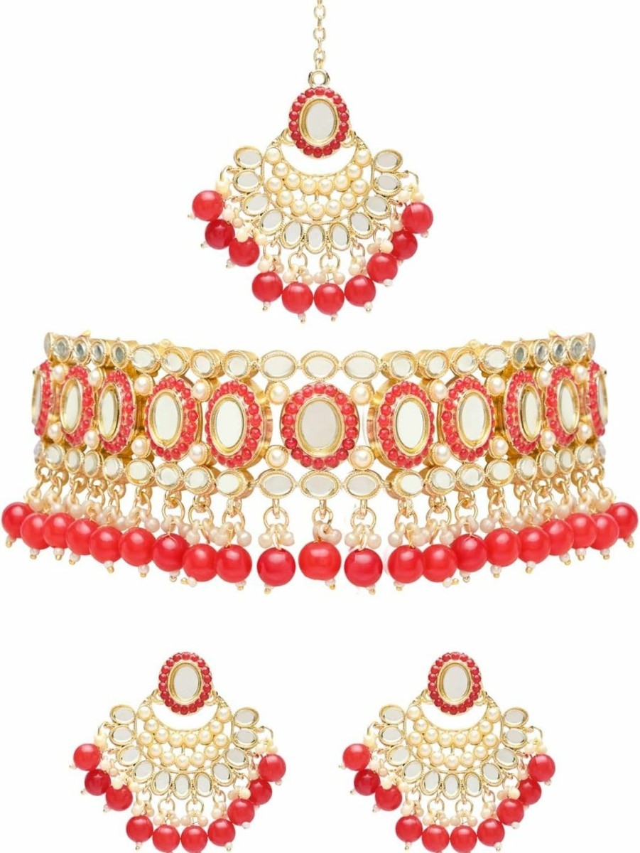 I Jewels I Jewels Gold Plated Indian Wedding Bollywood Kundan Choker Necklace Chandbali Earring & Maang Tikka Ethnic Jewellery Set Gift For Women & Girls(K7228-1) Jewelry Sets