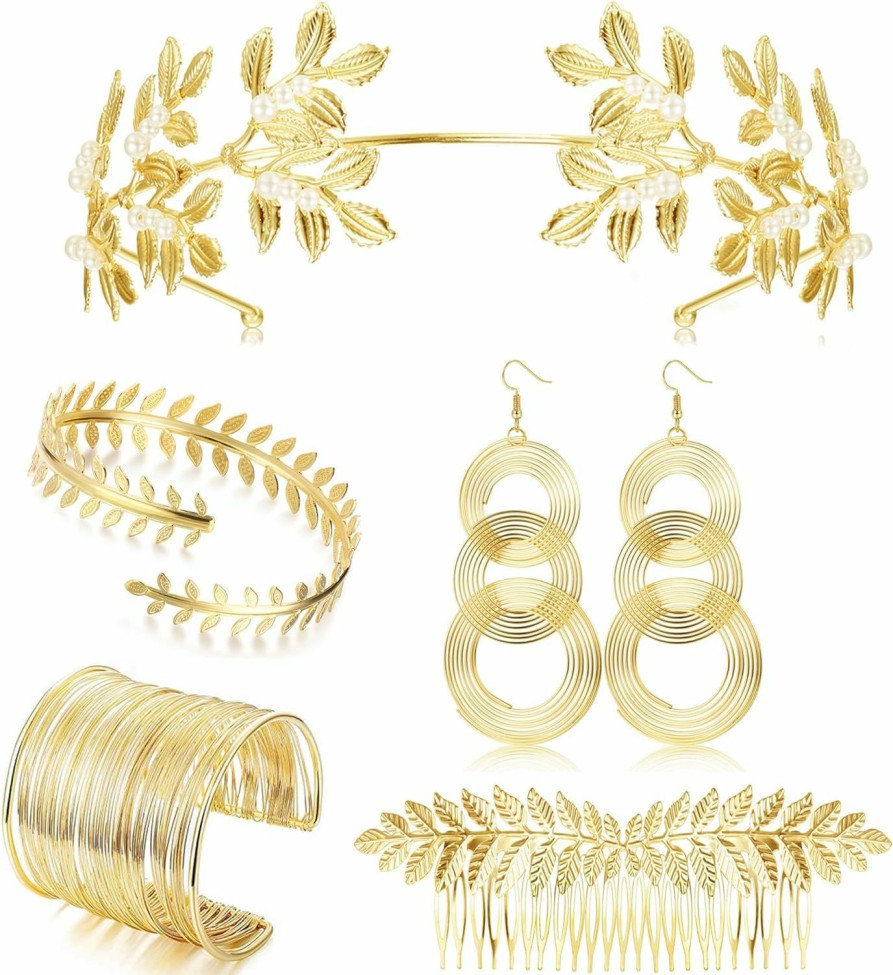 Jstyle Jstyle Greek Goddess Costume Accessories Set Greek Leaf Headband Hair Comb Coil Upper Arm Bracelet Triple Swirl Dangle Earrings For Women Wedding Cosplay Toga Party Jewelry Sets