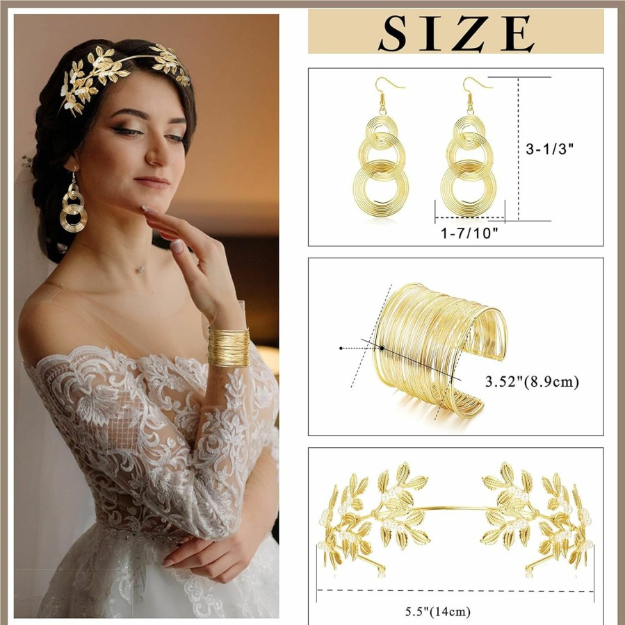 Jstyle Jstyle Greek Goddess Costume Accessories Set Greek Leaf Headband Hair Comb Coil Upper Arm Bracelet Triple Swirl Dangle Earrings For Women Wedding Cosplay Toga Party Jewelry Sets