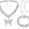 Sanfenly Sanfenly Cuban Link Chain Jewelry Set Bling Rhinestone Butterfly Pendant Necklace Bracelet And Crystal Large Hoop Earrings Set Silver Gold Accessories Jewelry Set For Women Girls Jewelry Sets