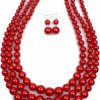 Harry and Henry Harry And Henry 3Pcs Layered Red Beaded Necklaces For Women Red Pearl Necklace Earrings Set Multilayer Red Necklaces For Girls Red Pearl Earrings Gifts Jewelry Sets