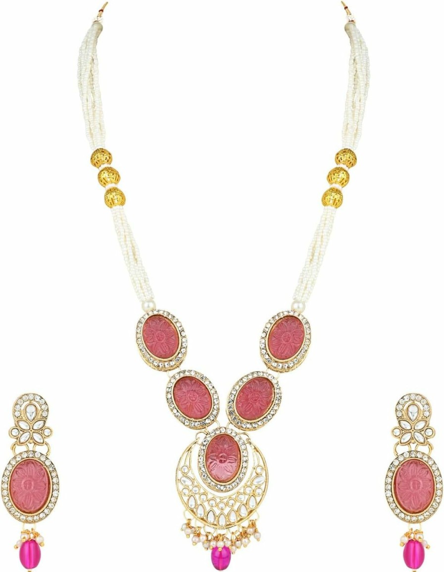 I Jewels I Jewels Gold Plated Indian Wedding Bollywood Long Multistrand Pearl Necklace Jewellery & Earrings Set For Women/Girls Jewelry Sets