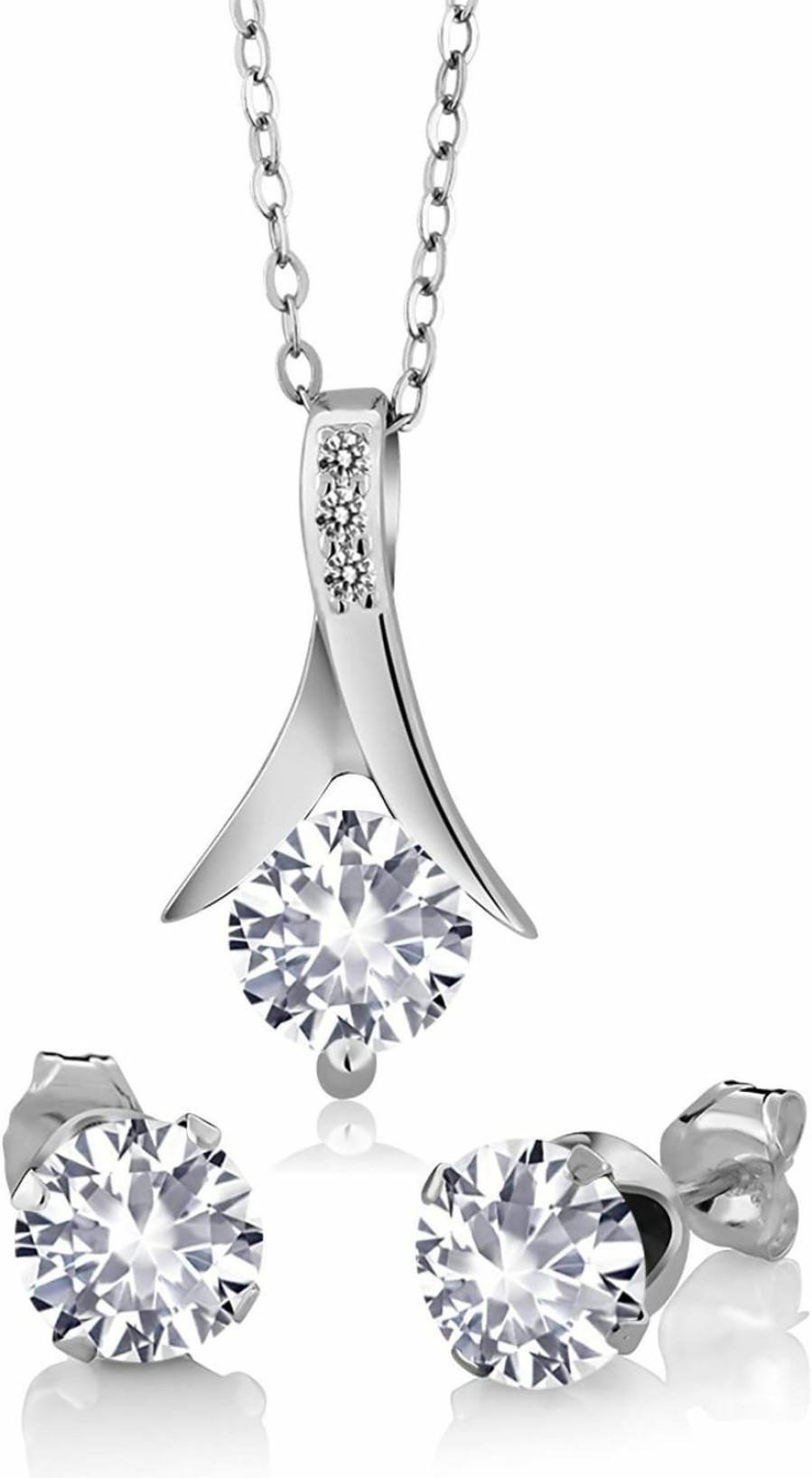 Gem Stone King Gem Stone King 925 Sterling Silver White Created Sapphire And White Diamond Pendant And Earrings Jewelry Set For Women (3.65 Cttw, With 18 Inch Silver Chain) Jewelry Sets