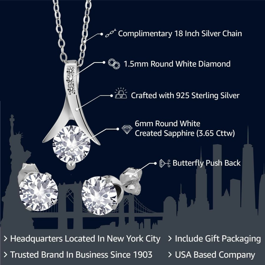 Gem Stone King Gem Stone King 925 Sterling Silver White Created Sapphire And White Diamond Pendant And Earrings Jewelry Set For Women (3.65 Cttw, With 18 Inch Silver Chain) Jewelry Sets