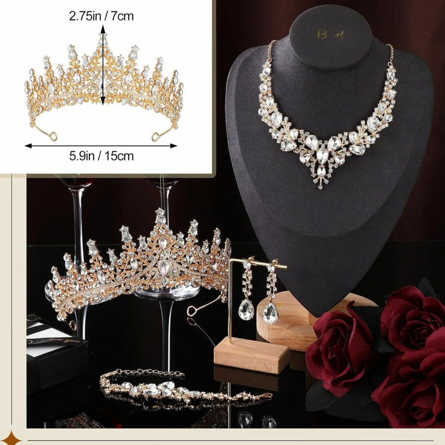 Inbagi Inbagi 4 Pcs Costume Jewelry Sets Bride Wedding Crystal Queen Crowns Rhinestone Necklace Dangle Earrings Link Bracelet Set Jewelry Sets