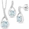 Gem Stone King Gem Stone King 925 Sterling Silver Sky Blue Aquamarine And Diamond Pendant And Earrings Jewelry Set For Women (1.69 Cttw, Round Gemstone Birthstone, With 18 Inch Silver Chain) Jewelry Sets