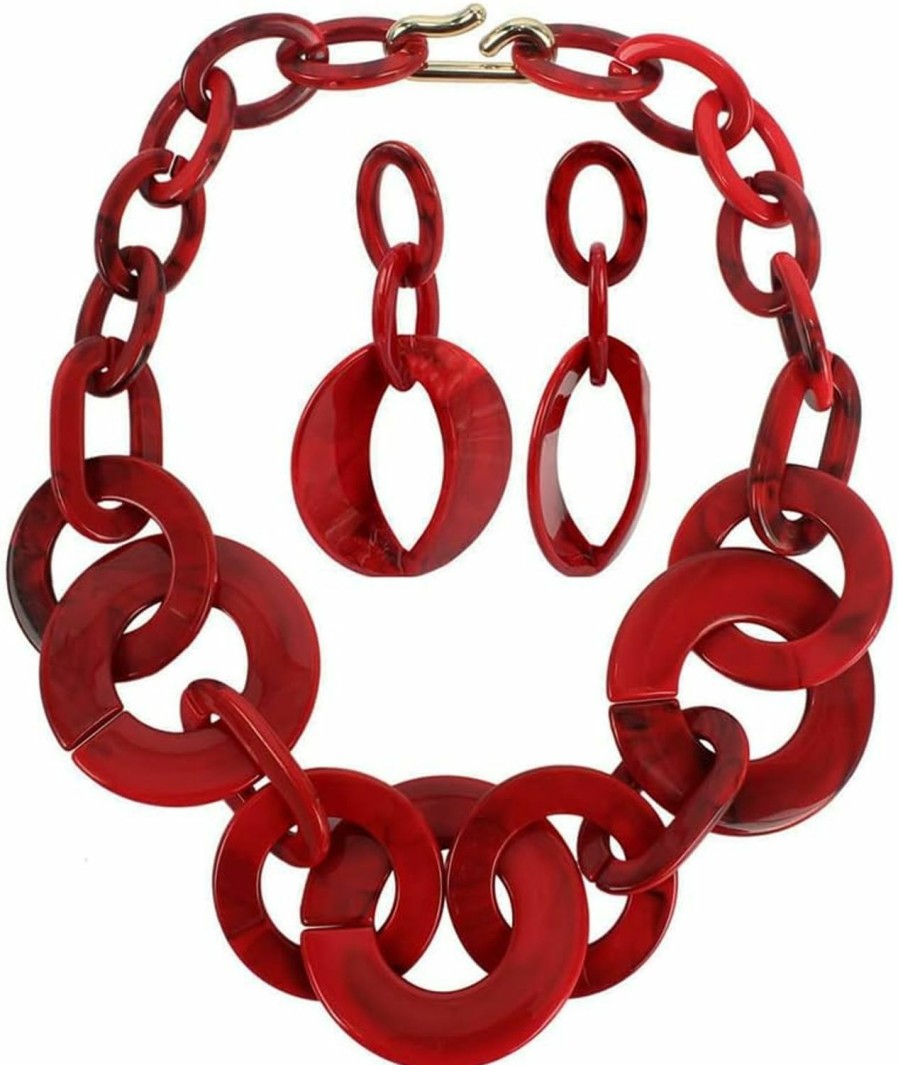 Ufraky Ufraky Women Simple Acrylic Collar Choker Cluster Bib Statement Chain Necklace And Hoop Earring Jewelry Set, 18\" (Red) Jewelry Sets