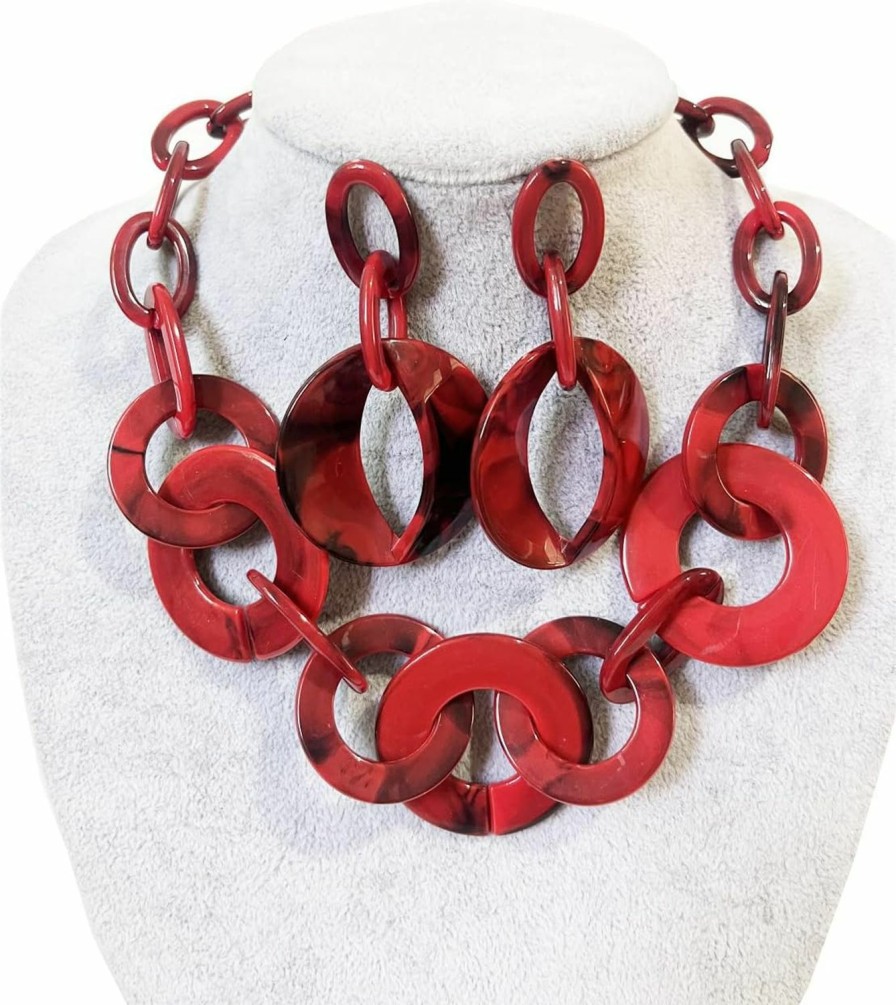 Ufraky Ufraky Women Simple Acrylic Collar Choker Cluster Bib Statement Chain Necklace And Hoop Earring Jewelry Set, 18\" (Red) Jewelry Sets