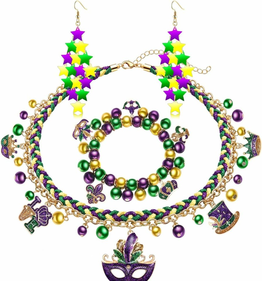 ARATLENCH Mardi Gras Necklace Earrings Bracelet Fleur De Lis Crown Skull Mask Charms Pendant Necklace Stretch Mardi Gras Fleur-De-Lis Teardrop Hat Purple Green Gold Beaded Bracelet Glitter Fleur De Lis Dangle Hook Earrings Carnival Parade Party Jewelry Set Accessories Jewelry Sets