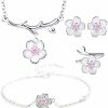 Generic 925 Sterling Silver Jewelry Sets Romantic Cherry Blossoms Flower Necklace+Earrings+Ring+Bracelet For Women Gift Pink Set Jewelry Sets